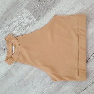 GIANNI BINI Mock Neck Tan Ribbed Knit Crop Top Sleeveless Large
